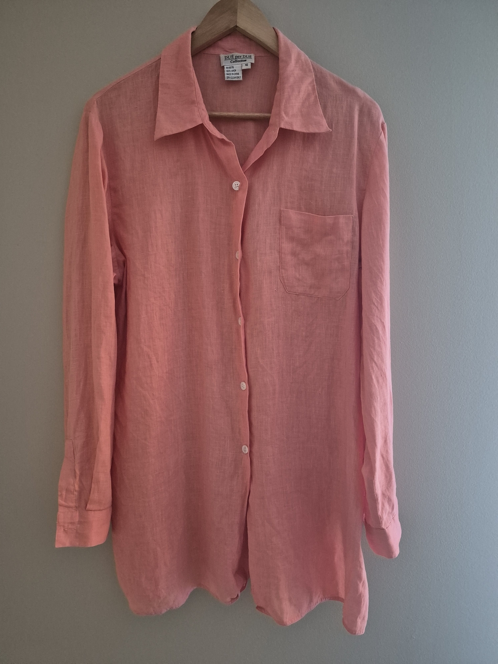 Due Per Due 100% Linen Button Front Tunic Shirt Size 16 Pink Coral